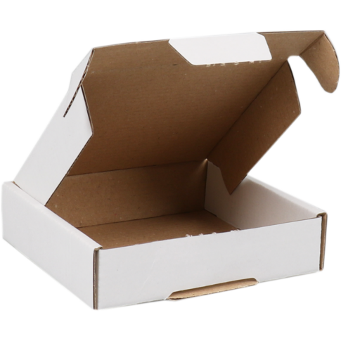 Verzenddoos, golfkarton, 110x110x28mm, met klep, enkele golf, wit