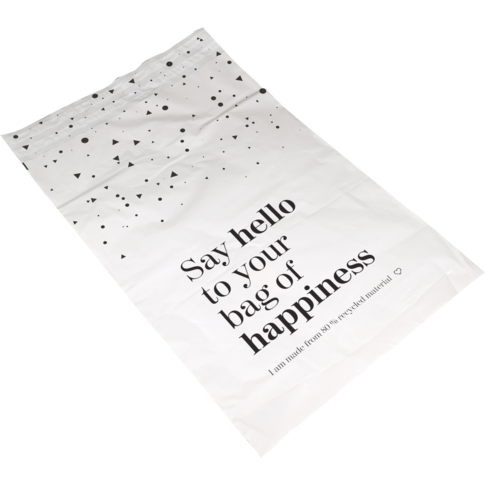 Zak, Verzendzak, Gerecycled LDPE, 50x70cm, 65my, Bag of Happiness, wit/zwart